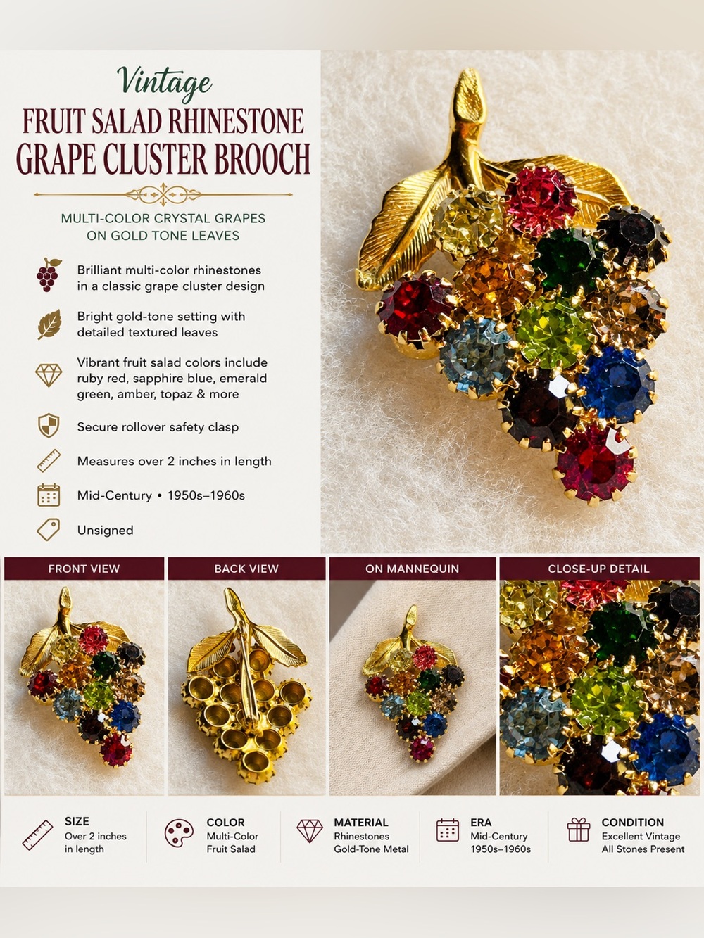 Vintage Fruit Salad Rhinestone Grape Cluster Brooch - Multi-Color